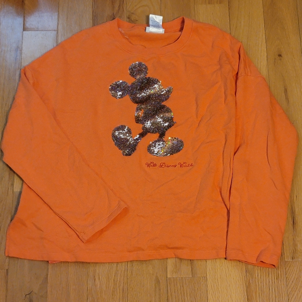 Disney Mickey Mouse rose gold holographic sequin orange sweater